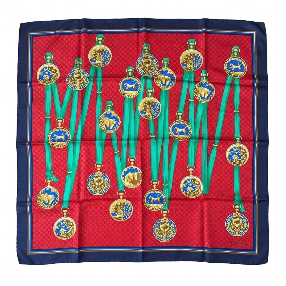 Vintage Celine Vibrant Red and Navy Scarf with Gold Medallions